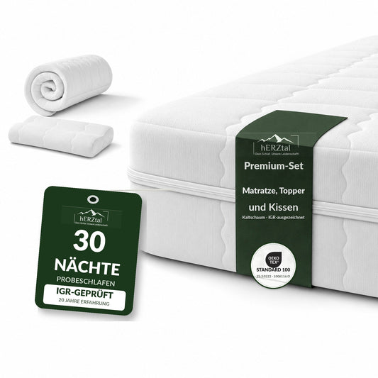 hERZtal Premium Komplett-Set Matratze Topper Kissen