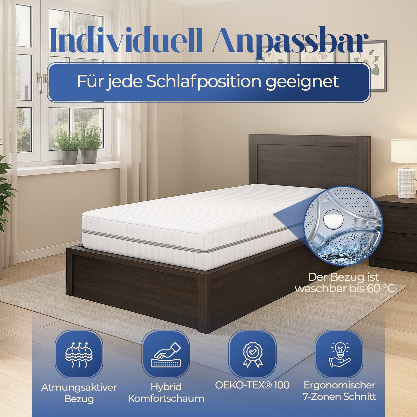 UNSER FLEXIBLER: hERZtal DuoAdapt 7-Zonen Wendematratze | 2-in-1 Härtegrad (weich/fest), Hybrid-Komfortschaum, atmungsaktiv & OEKO-TEX® zertifiziert