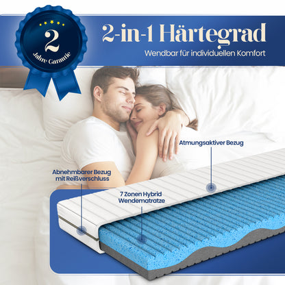 UNSER FLEXIBLER: hERZtal DuoAdapt 7-Zonen Wendematratze | 2-in-1 Härtegrad (weich/fest), Hybrid-Komfortschaum, atmungsaktiv & OEKO-TEX® zertifiziert