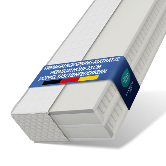 UNSERE KÖNIGLICHE: hERZtal RoyalNest Boxspringmatratze | 33 cm Höhe, Doppel-Taschenfederkern, 7-Zonen, atmungsaktiv & OEKO-TEX® zertifiziert