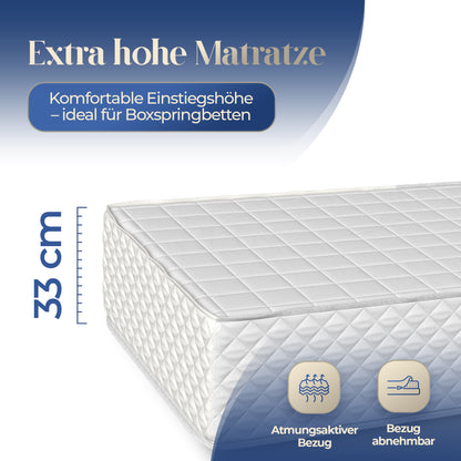 UNSERE KÖNIGLICHE: hERZtal RoyalNest Boxspringmatratze | 33 cm Höhe, Doppel-Taschenfederkern, 7-Zonen, atmungsaktiv & OEKO-TEX® zertifiziert