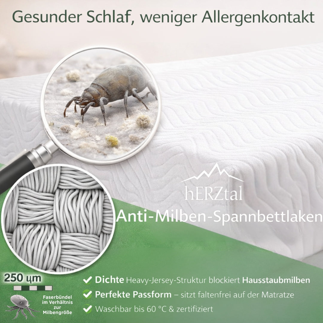 Unser Schutzschild:Anti-Milben-Spannbettlaken OEKO-TEX® zertifiziert – Milbenschutz für Matratzen | Waschbar bis 60°C