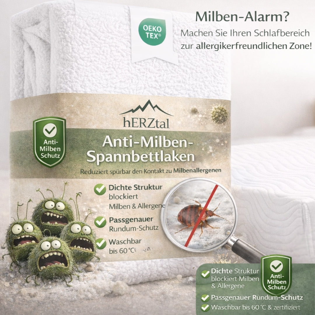 Unser Schutzschild:Anti-Milben-Spannbettlaken OEKO-TEX® zertifiziert – Milbenschutz für Matratzen | Waschbar bis 60°C