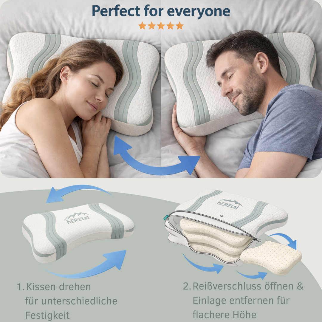 UNSERE ANPASSBARE: hERZtal Butterfly 4-Lagen Nackenstützkissen | Orthopädisches Memory-Schaum Kissen, individuell höhenverstellbar