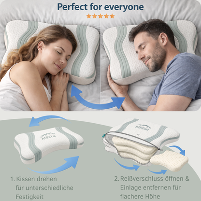 UNSERE ANPASSBARE: hERZtal Butterfly 4-Lagen Nackenstützkissen | Orthopädisches Memory-Schaum Kissen, individuell höhenverstellbar