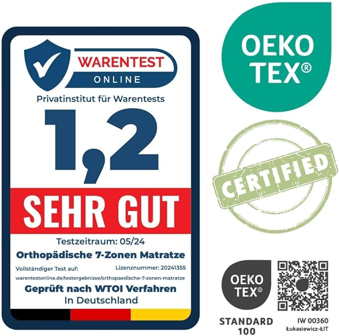 WTOI-Testsiegel 1,2 sehr gut für die orthopädische 7-Zonen-Matratze, OEKO-TEX STANDARD 100 IW 00360