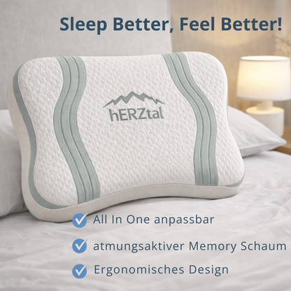 UNSERE ANPASSBARE: hERZtal Butterfly 4-Lagen Nackenstützkissen | Orthopädisches Memory-Schaum Kissen, individuell höhenverstellbar
