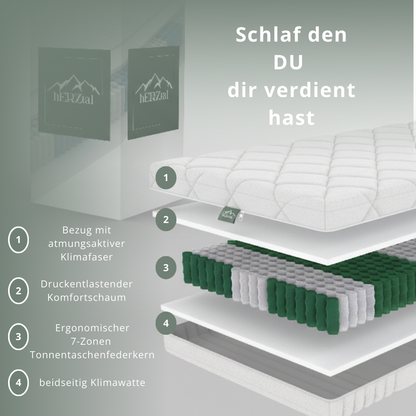 UNSER PUNKTGENAUER: hERZtal 7-Zonen Tonnentaschenfederkernmatratze | 21 cm Höhe, orthopädisch, Made in Germany & OEKO-TEX®