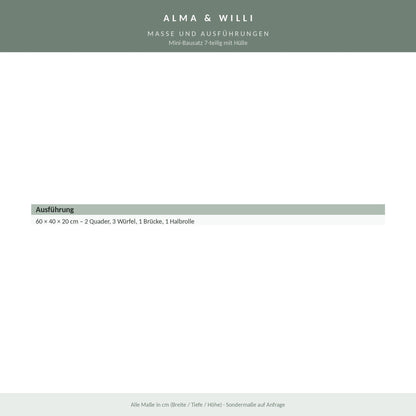 Alma & Willi Mini-Bausatz 7-teilig mit Hülle – 60 × 40 × 20 cm, Kunstleder – Maße und Ausführungen