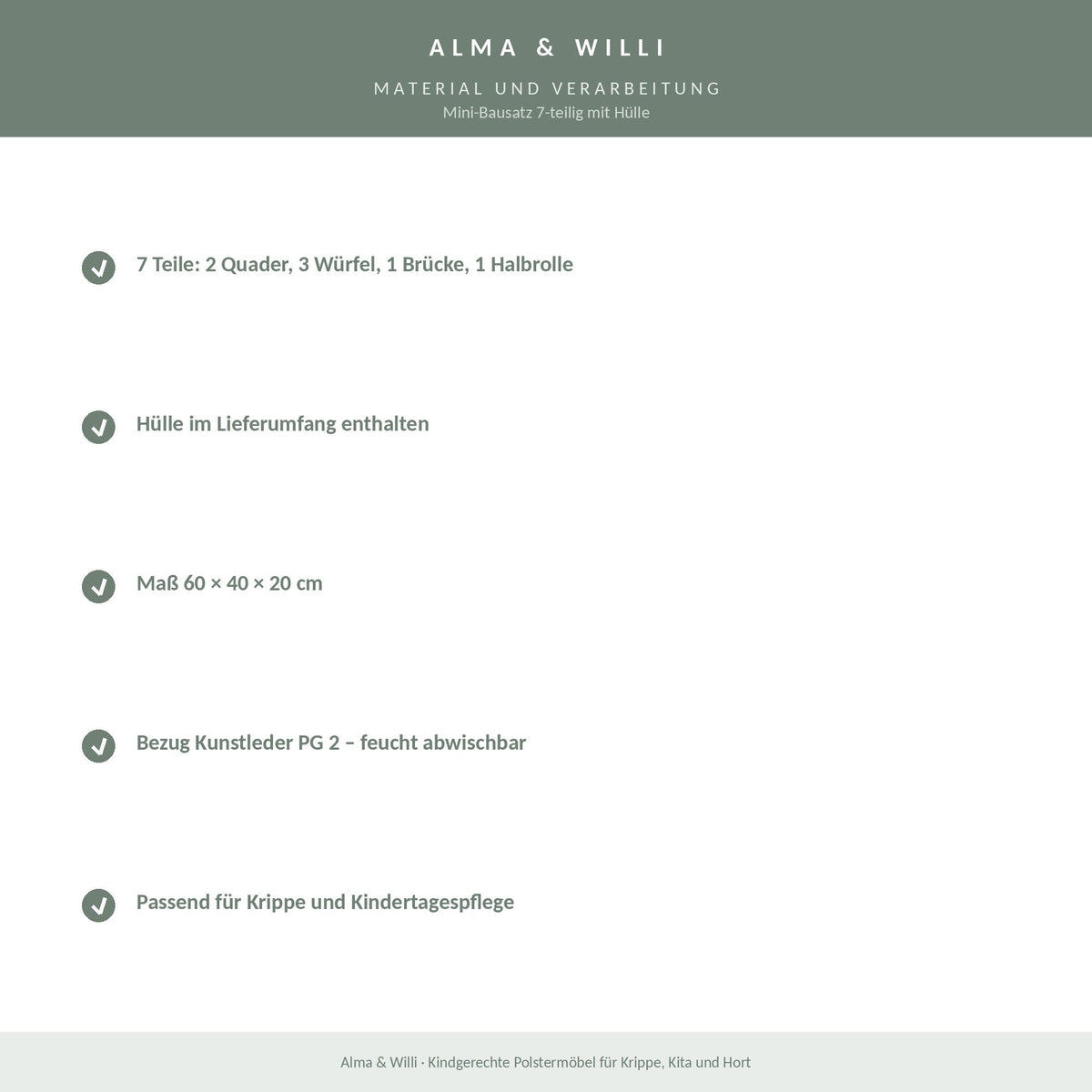 Alma & Willi Mini-Bausatz 7-teilig mit Hülle – 60 × 40 × 20 cm, Kunstleder – Material und Verarbeitung