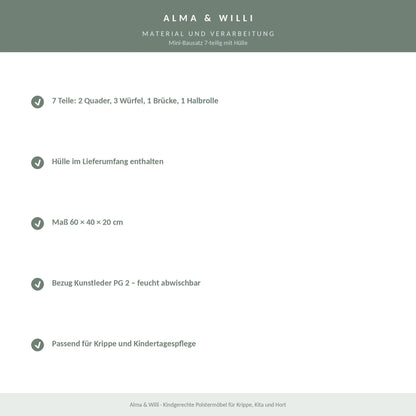 Alma & Willi Mini-Bausatz 7-teilig mit Hülle – 60 × 40 × 20 cm, Kunstleder – Material und Verarbeitung