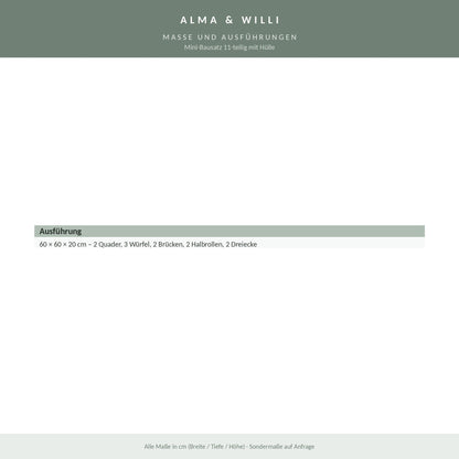 Alma & Willi Mini-Bausatz 11-teilig mit Hülle – 60 × 60 × 20 cm, Kunstleder – Maße und Ausführungen