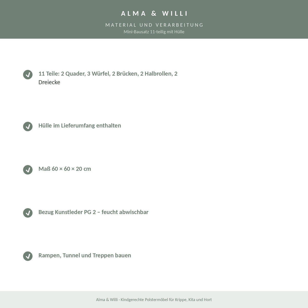 Alma & Willi Mini-Bausatz 11-teilig mit Hülle – 60 × 60 × 20 cm, Kunstleder – Material und Verarbeitung