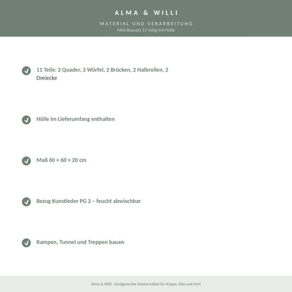 Alma & Willi Mini-Bausatz 11-teilig mit Hülle – 60 × 60 × 20 cm, Kunstleder – Material und Verarbeitung