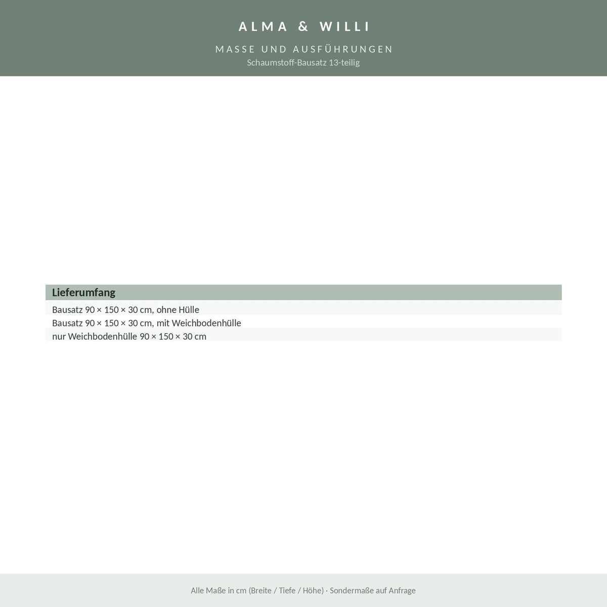 Alma & Willi Schaumstoff-Bausatz 13-teilig – 90 × 150 × 30 cm, Kunstleder – Maße und Ausführungen