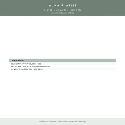 Alma & Willi Schaumstoff-Bausatz 13-teilig – 90 × 150 × 30 cm, Kunstleder – Maße und Ausführungen
