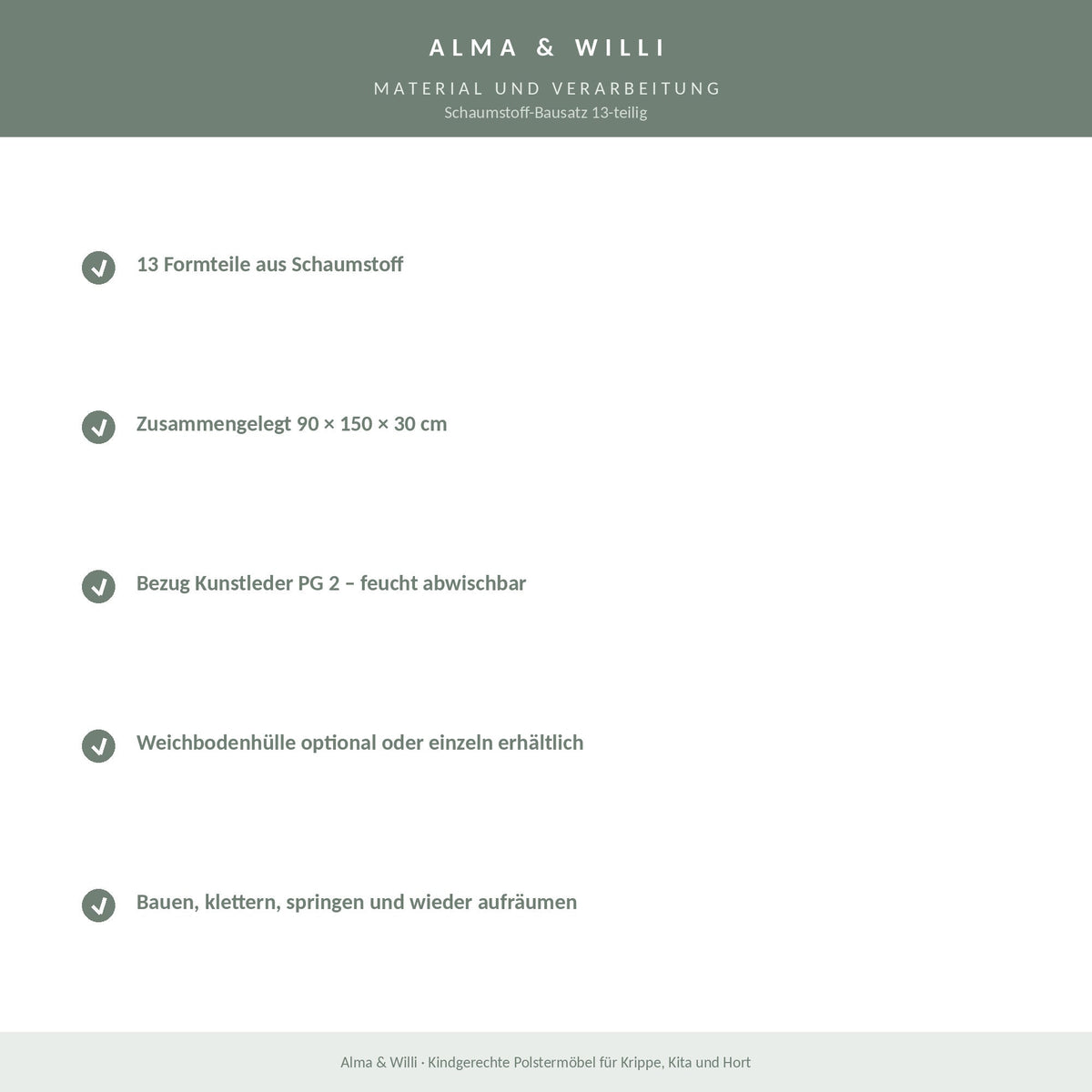 Alma & Willi Schaumstoff-Bausatz 13-teilig – 90 × 150 × 30 cm, Kunstleder – Material und Verarbeitung