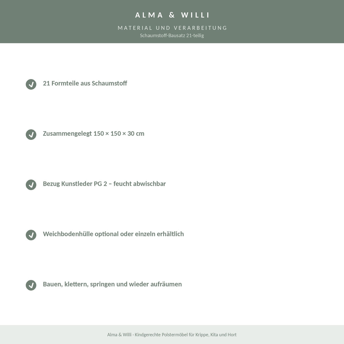 Alma & Willi Schaumstoff-Bausatz 21-teilig – 150 × 150 × 30 cm, Kunstleder – Material und Verarbeitung