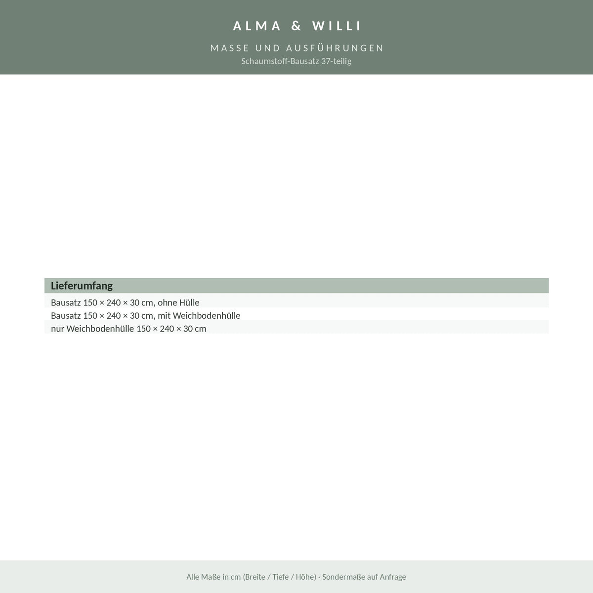 Alma & Willi Schaumstoff-Bausatz 37-teilig – 150 × 240 × 30 cm, Kunstleder – Maße und Ausführungen