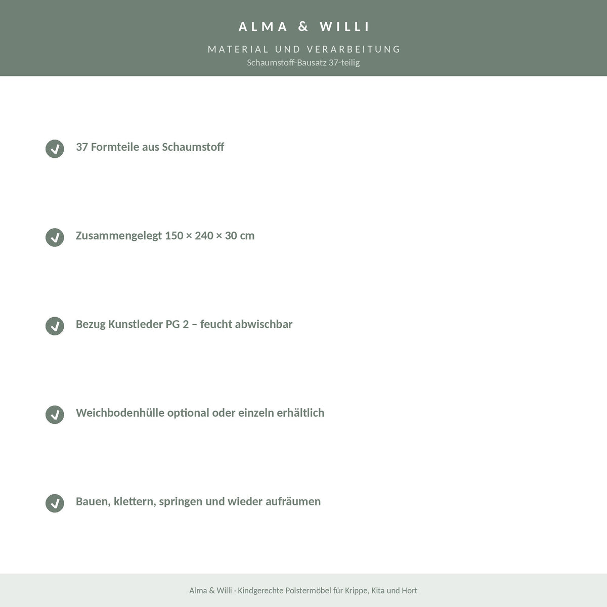 Alma & Willi Schaumstoff-Bausatz 37-teilig – 150 × 240 × 30 cm, Kunstleder – Material und Verarbeitung