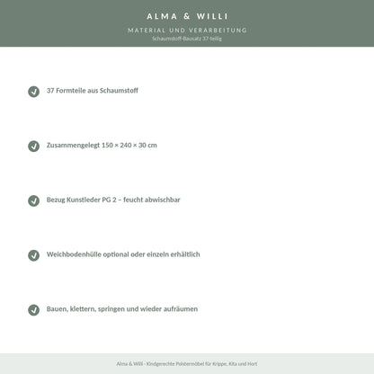 Alma & Willi Schaumstoff-Bausatz 37-teilig – 150 × 240 × 30 cm, Kunstleder – Material und Verarbeitung