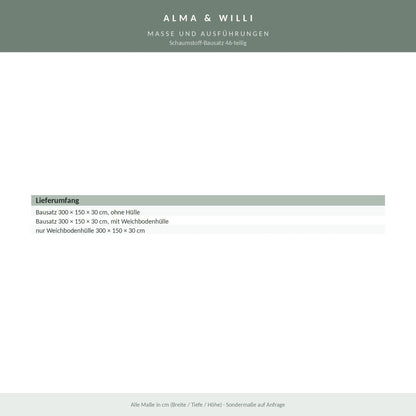 Alma & Willi Schaumstoff-Bausatz 46-teilig – 300 × 150 × 30 cm, Kunstleder – Maße und Ausführungen