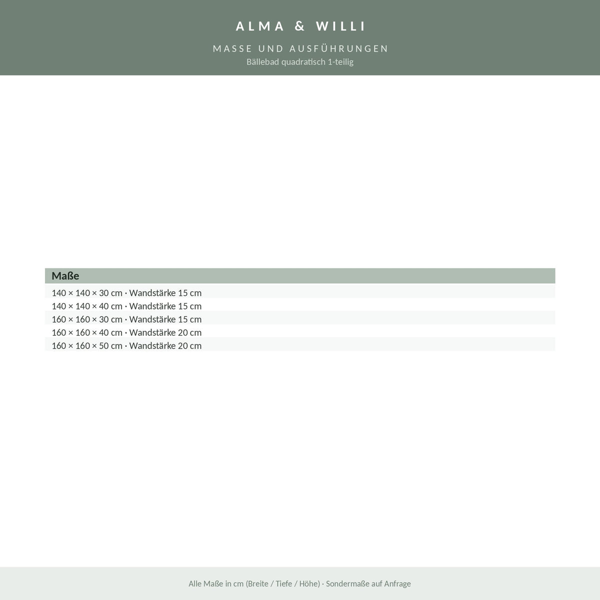 Alma & Willi Bällebad quadratisch 1-teilig – Kunstleder Meditap, fünf Größen – Maße und Ausführungen