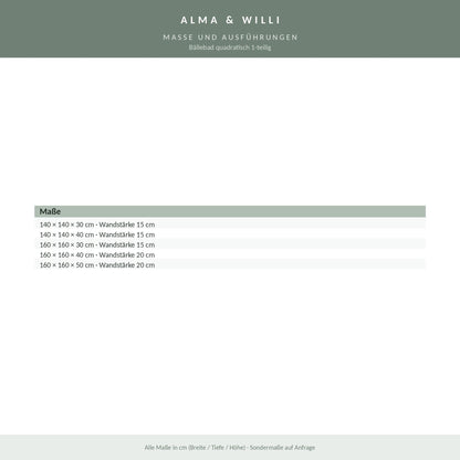 Alma & Willi Bällebad quadratisch 1-teilig – Kunstleder Meditap, fünf Größen – Maße und Ausführungen