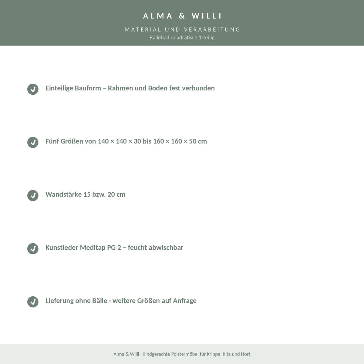 Alma & Willi Bällebad quadratisch 1-teilig – Kunstleder Meditap, fünf Größen – Material und Verarbeitung