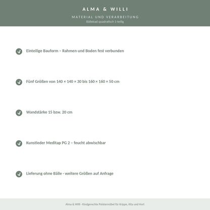 Alma & Willi Bällebad quadratisch 1-teilig – Kunstleder Meditap, fünf Größen – Material und Verarbeitung