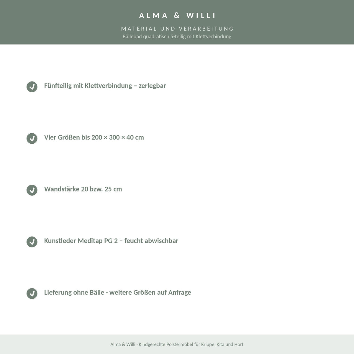 Alma & Willi Bällebad quadratisch 5-teilig mit Klettverbindung – bis 200 × 300 cm – Material und Verarbeitung