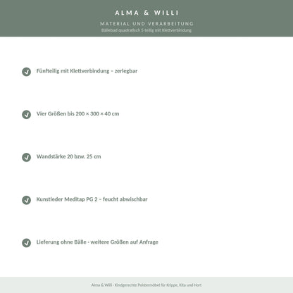 Alma & Willi Bällebad quadratisch 5-teilig mit Klettverbindung – bis 200 × 300 cm – Material und Verarbeitung