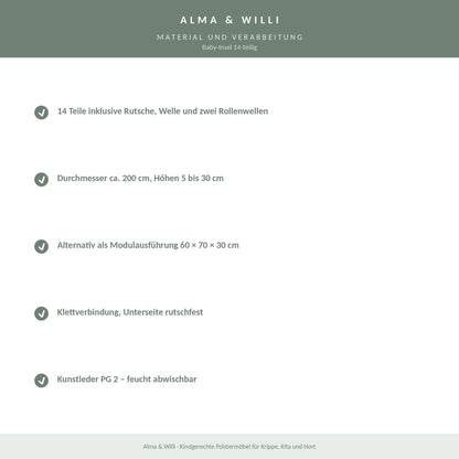 Alma & Willi Baby-Insel 14-teilig – Ø ca. 200 cm, mit Rollenwelle und Treppe – Material und Verarbeitung