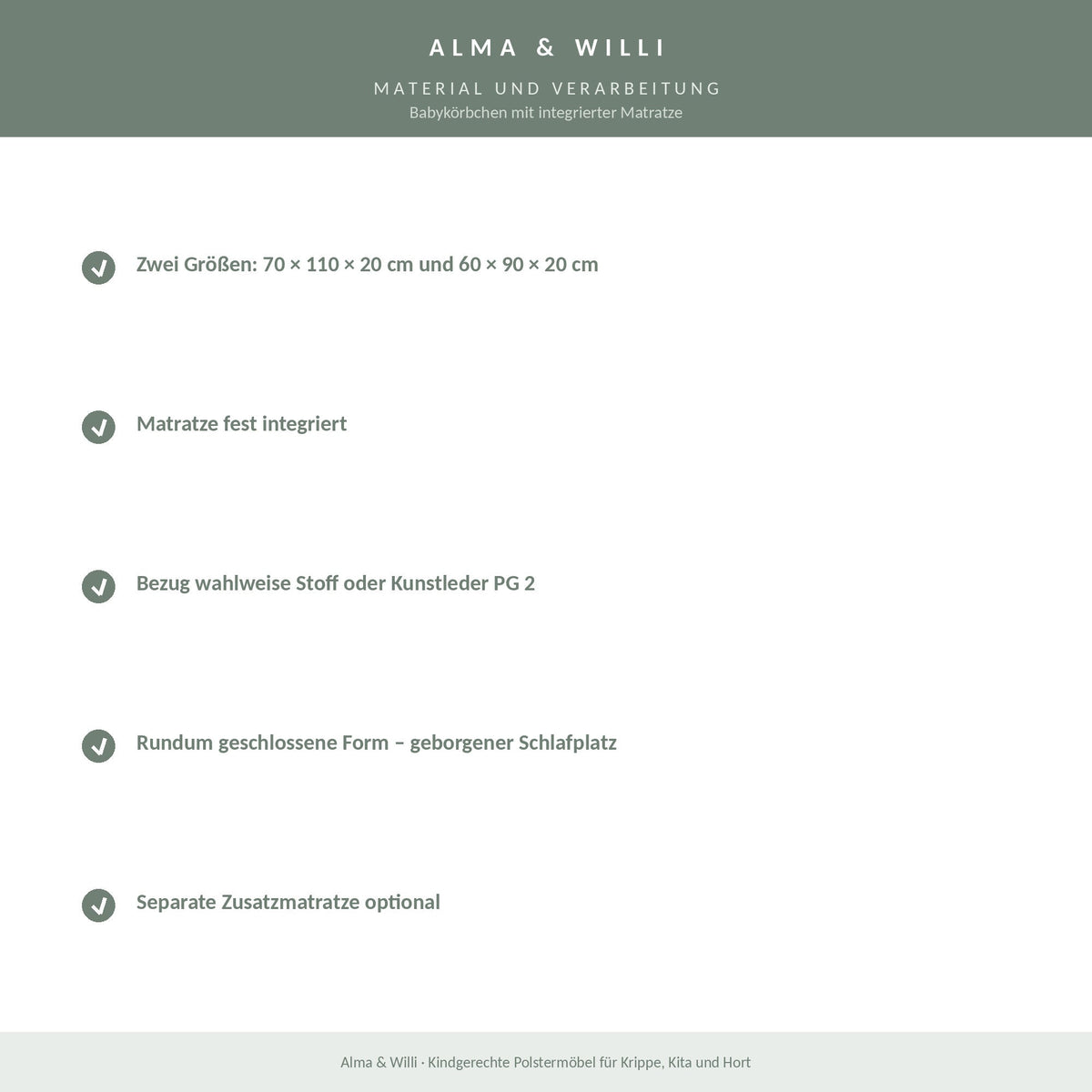 Alma & Willi Babykörbchen mit integrierter Matratze – Krippe und Kindertagespflege – Material und Verarbeitung
