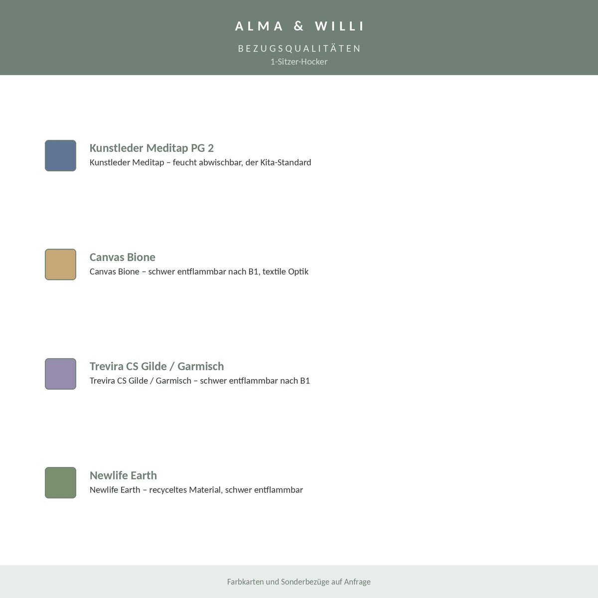 Alma & Willi 1-Sitzer-Hocker – B 70 cm, Sitzhöhe 43 cm – Bezugsqualitäten