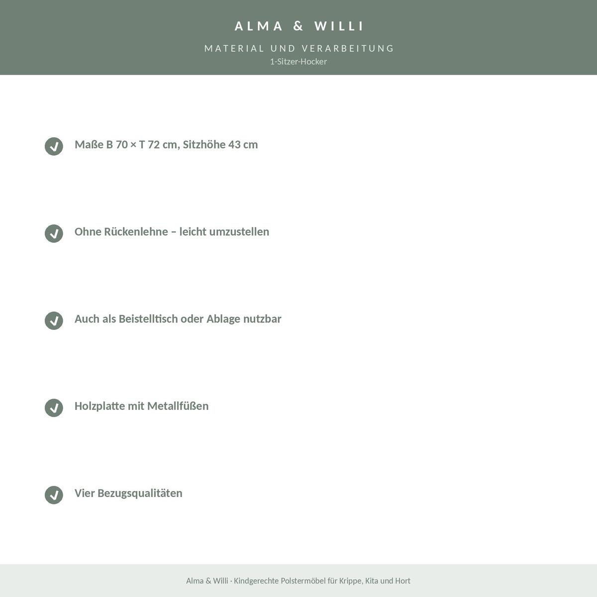 Alma & Willi 1-Sitzer-Hocker – B 70 cm, Sitzhöhe 43 cm – Material und Verarbeitung