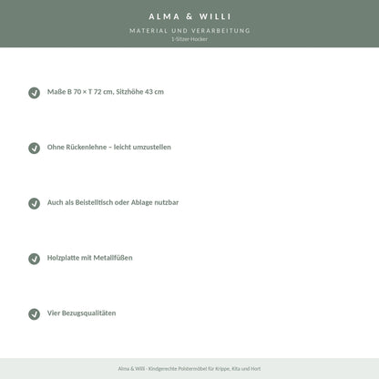 Alma & Willi 1-Sitzer-Hocker – B 70 cm, Sitzhöhe 43 cm – Material und Verarbeitung