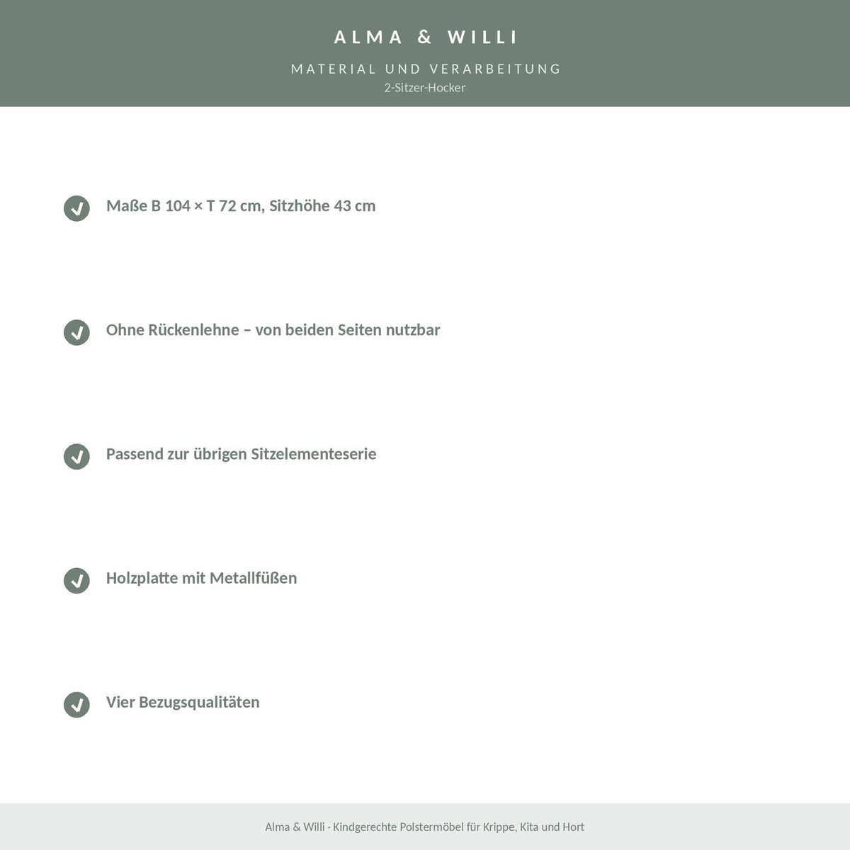 Alma & Willi 2-Sitzer-Hocker – B 104 cm, Sitzhöhe 43 cm – Material und Verarbeitung