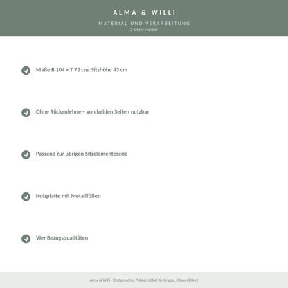 Alma & Willi 2-Sitzer-Hocker – B 104 cm, Sitzhöhe 43 cm – Material und Verarbeitung