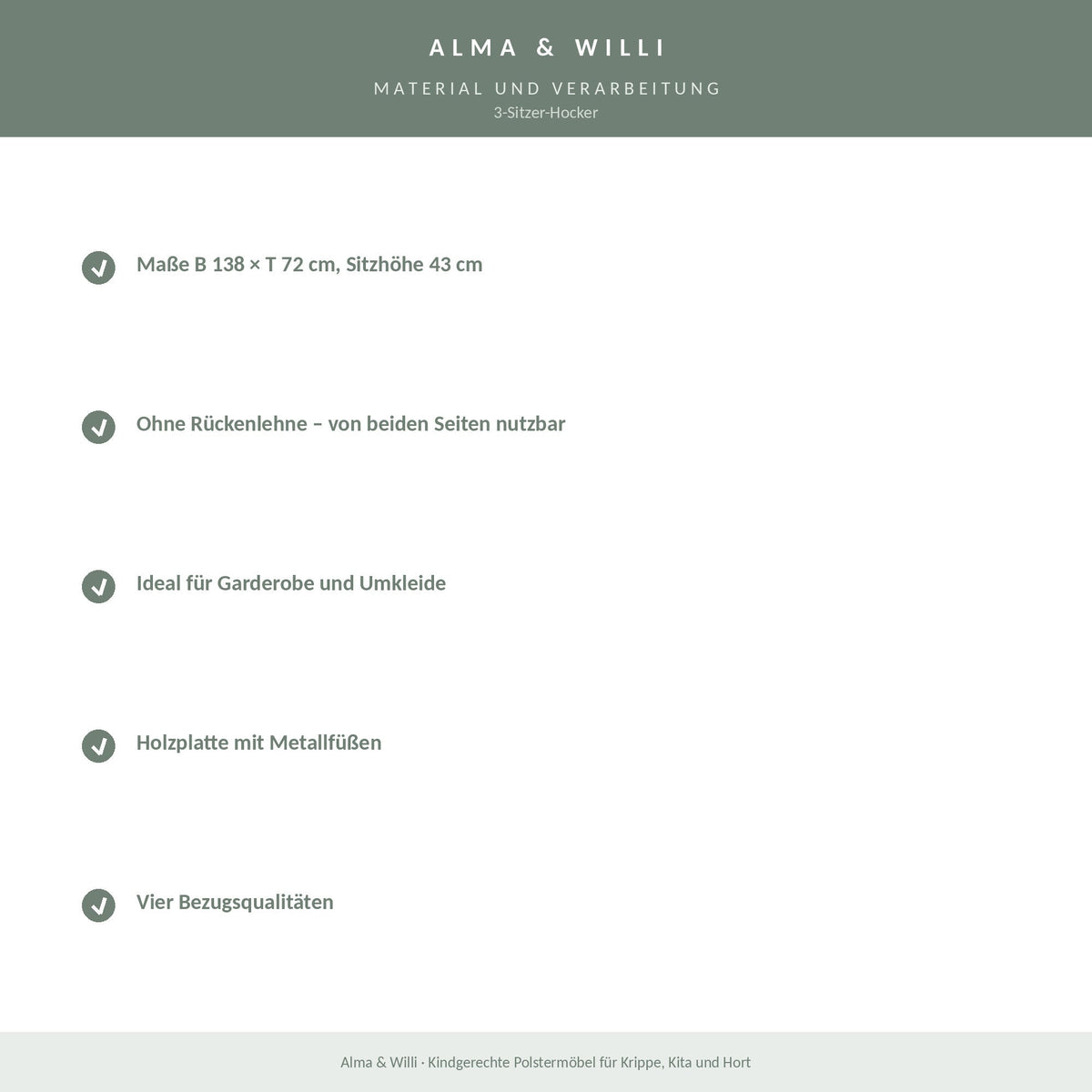 Alma & Willi 3-Sitzer-Hocker – B 138 cm, Sitzhöhe 43 cm – Material und Verarbeitung
