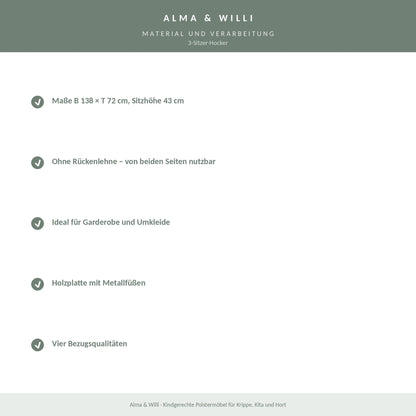 Alma & Willi 3-Sitzer-Hocker – B 138 cm, Sitzhöhe 43 cm – Material und Verarbeitung