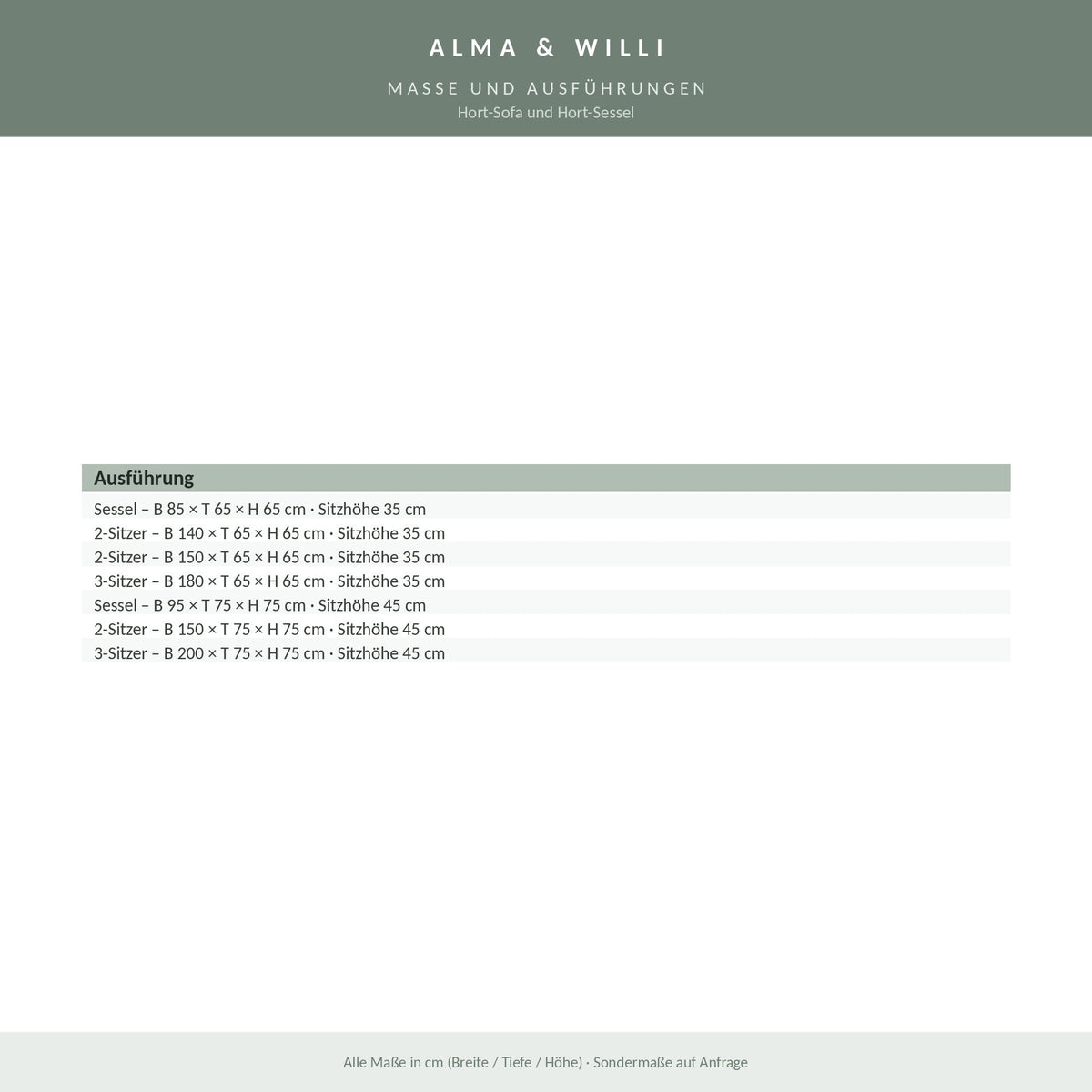 Alma & Willi Hort-Sofa und Hort-Sessel – sieben Größen, Microfaser oder Kunstleder – Maße und Ausführungen
