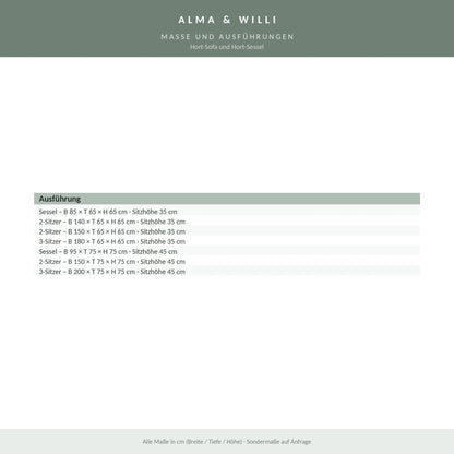 Alma & Willi Hort-Sofa und Hort-Sessel – sieben Größen, Microfaser oder Kunstleder – Maße und Ausführungen