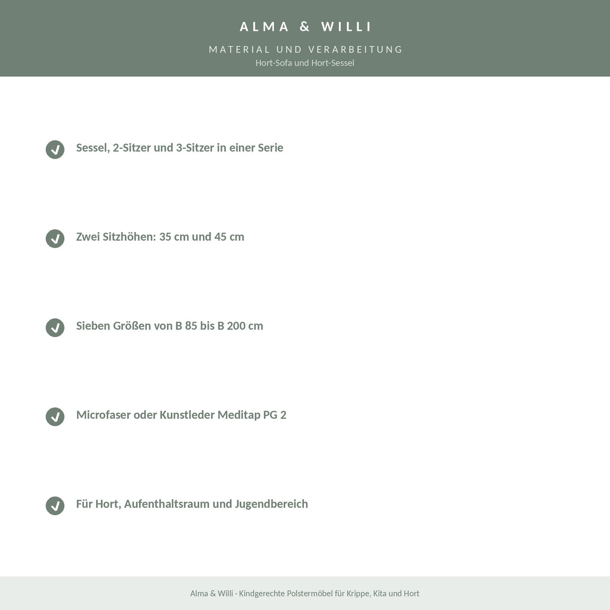 Alma & Willi Hort-Sofa und Hort-Sessel – sieben Größen, Microfaser oder Kunstleder – Material und Verarbeitung
