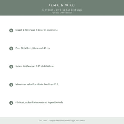 Alma & Willi Hort-Sofa und Hort-Sessel – sieben Größen, Microfaser oder Kunstleder – Material und Verarbeitung