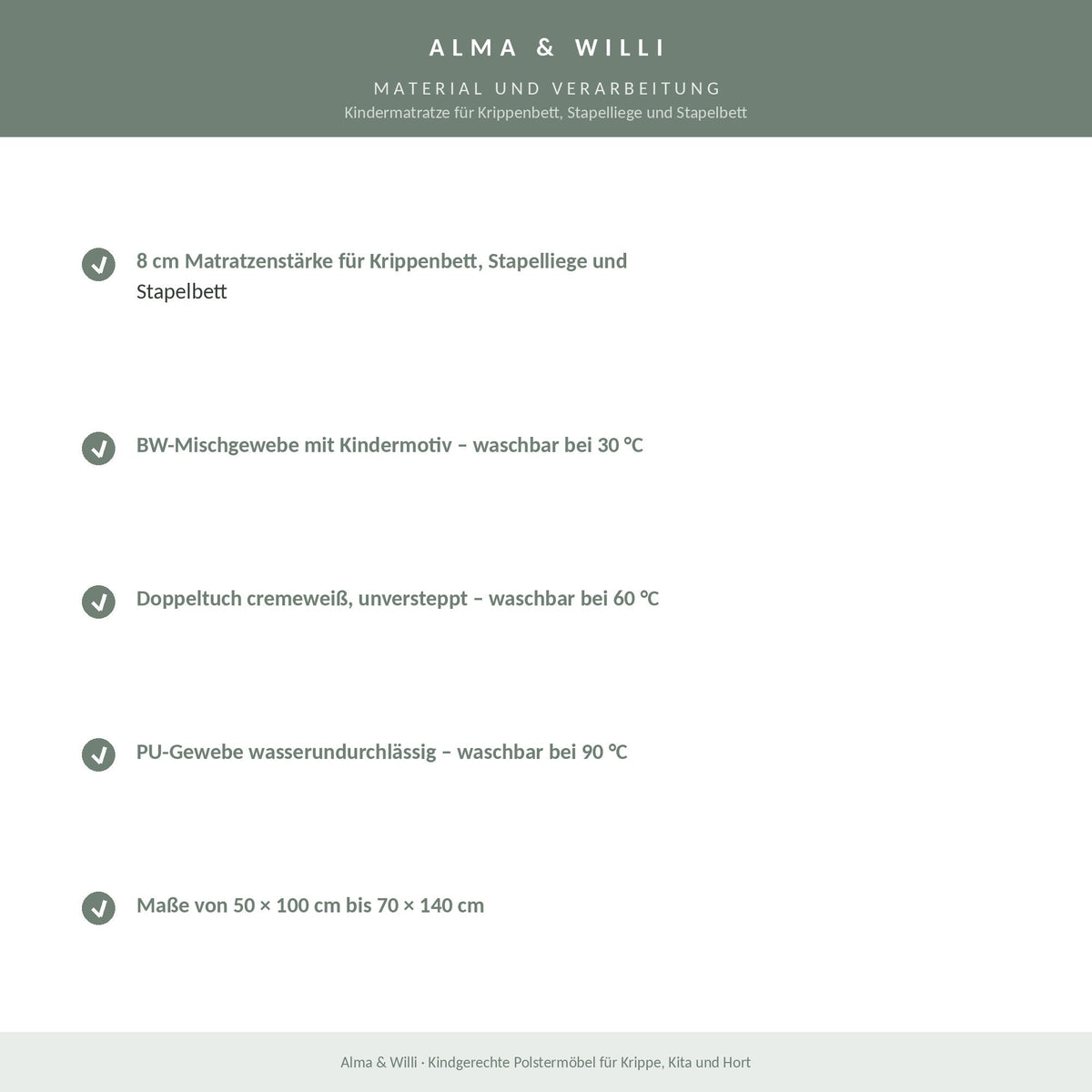 Alma & Willi Kindermatratze für Krippenbett, Stapelliege und Stapelbett – 8 cm – Material und Verarbeitung
