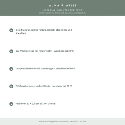 Alma & Willi Kindermatratze für Krippenbett, Stapelliege und Stapelbett – 8 cm – Material und Verarbeitung