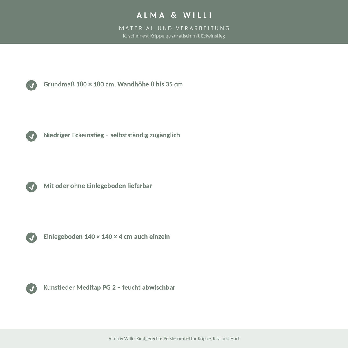 Alma & Willi Kuschelnest Krippe quadratisch mit Eckeinstieg – 180 × 180 cm – Material und Verarbeitung