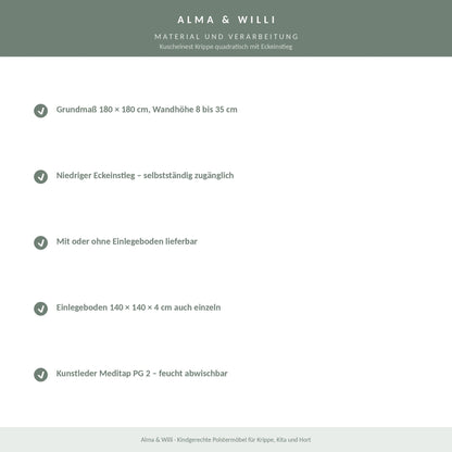 Alma & Willi Kuschelnest Krippe quadratisch mit Eckeinstieg – 180 × 180 cm – Material und Verarbeitung