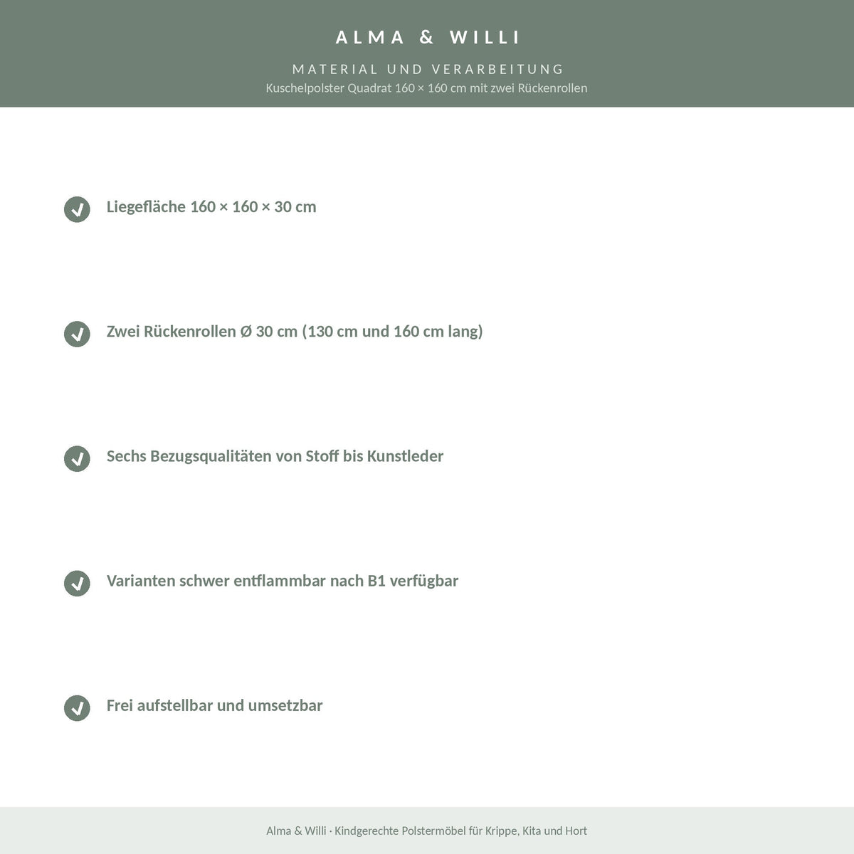 Alma & Willi Kuschelpolster Quadrat 160 × 160 cm mit zwei Rückenrollen – Material und Verarbeitung